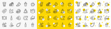 Outline Burger, Food Delivery And Brandy Bottle Line Icons Pack For Web With Restaurant Food, Water Care, Ice Tea Line Icon. Takeaway, Coffee Cocktail, Beer Bottle Pictogram Icon. Vector