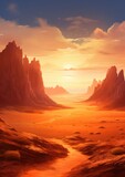 Fototapeta Zwierzęta - Orange desert surrounded by large mountains, mountains wallpaper. Generative Ai.