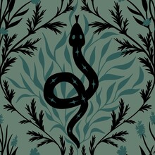 Hand Drawn Seamless Pattern Of Black Snake On Sage Green Background With Forest Leaves. Witch Witchcraft Mystic Occult Boho Design, Teal Grey Esoteric Gothic Halloween Print Serpent Art.