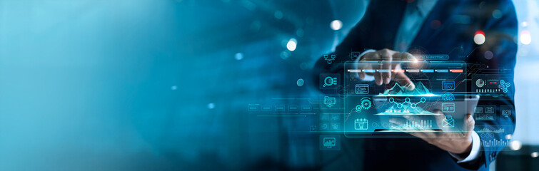 Poster - Digital online marketing commerce sale concept. Businessman analysis sales data and plan with strategy To build customer relations and increase customers on online digital networks hologram.