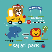 Bear Visit The Safari Park Funny Animal Cartoon,vector Illustration