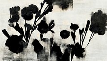 Generative AI, Black Watercolor Abstract Painted Flowers On Vintage Background. Ink Black Street Graffiti Art On A Textured Paper, Washes And Brush Strokes.	






