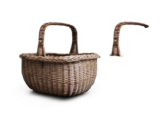 Wall Mural - A side view of a traditional wood decorative wicker basket used for collecting shopping or garden vegetables with a spare handle to overlap added contents and isolated against a transparent background