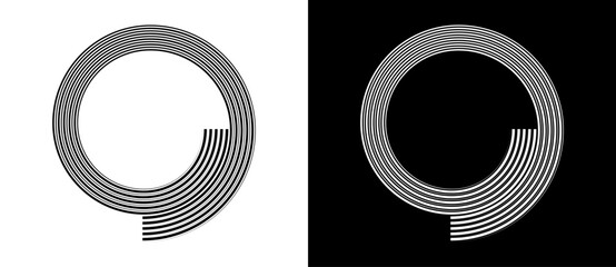 Circle abstract background  with dynamic lines in spiral. Black shape on a white background and the same white shape on the black side.