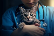 Unrecognizable Professional Veterinarian Vet Clinic Professional Doctor Nurse Medical Veterinary Worker Girl Female Woman Hold Happy Cute Adorable Healthy Safe Cat Pet Medical Service Clinic Hospital