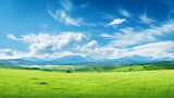 Fototapeta Natura - Nature landscape with green meadows, blue sky with clouds and mountains in the background. Generative AI