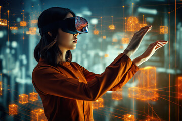 young woman wearing vr goggles immersed in cyberspace interacts with objects in virtual reality thro