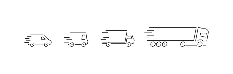 Van, car, truck fast delivery thin line icon set. Vector EPS 10