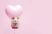 Cute Guinea Pig With Heart Shape Balloon, On Pink Background. Love, Pets, Valentine's Day Card. AI Generated, Illustration