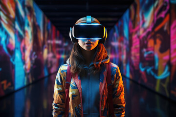 young woman wearing vr augmented reality goggles in futuristic corridor of virtual art gallery exhib