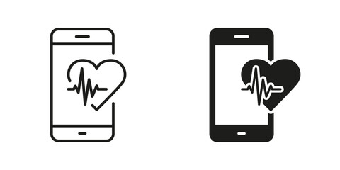 Poster - Mobile App for Sport Pictogram. Smartphone for Heart Pulse Control Line and Silhouette Black Icon Set. Heartbeat Rate in Digital Smart Phone Symbol Collection. Isolated Vector Illustration