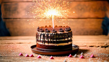 Birthday Chocolate Cake With Sparking Candle On Wooden Table 