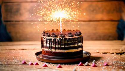 birthday chocolate cake with sparking candle on wooden table 