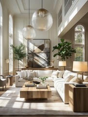 This minimalistic living room, featuring a cozy wooden couch, a modern table, an indoor plant, and other elegant furniture, creates a warm and inviting atmosphere that is perfect for both entertainin