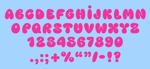 Playful pink bubble font inspired by 90s and Y2K themes. Puffy cartoon letters perfect for trendy and fun designs. Includes uppercase letters, numbers, and symbols. Vector illustration