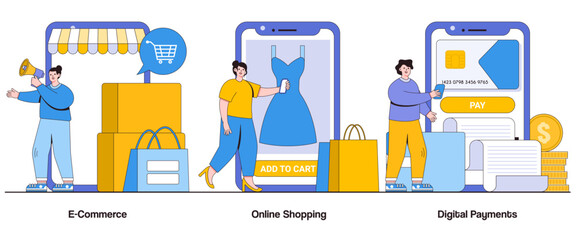 Poster - E-Commerce, Online Shopping, Digital Payments Concept with Character. Virtual Marketplace Abstract Vector Illustration Set. Convenience, Global Reach, Seamless Transactions Metaphor