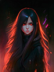 Wall Mural - Portrait of a young woman with long black hair and glowing red eyes, anime, manga style.