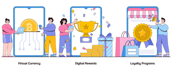 Poster - Virtual Currency, Digital Rewards, Loyalty Programs Concept with Character. Digital Incentives Abstract Vector Illustration Set. Recognition, Loyalty, Digital Value Exchange Metaphor