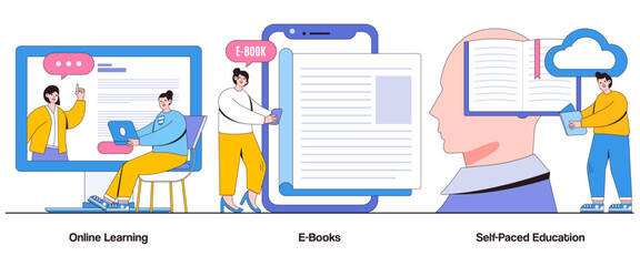Poster - Online Learning, E-Books, Self-Paced Education Concept with Character. Digital Knowledge Abstract Vector Illustration Set. Continuous Learning, Personal Growth, Access to Information Metaphor