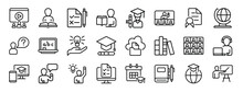 Set Of 24 Outline Web Online Class Icons Such As Video Tutorial, Reading Book, Test, Teaching, Graduation, Online Class, Certificate Vector Icons For Report, Presentation, Diagram, Web Design,