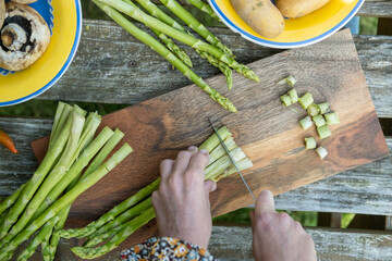 Wall Mural - Women's hands cutting asparagus. Preparing for green grilling. Vegan meals.