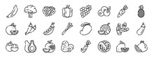 Set Of 24 Outline Web Fruits And Vegetables Icons Such As Banana, Broccoli, Strawberry, Bell Pepper, Grape, Blueberry, Carrot Vector Icons For Report, Presentation, Diagram, Web Design, Mobile App