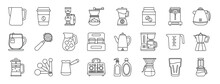 Set Of 24 Outline Web Coffee Shop Icons Such As Pitcher, Coffee Cup, Syphon, Coffee Maker, Mixer Blender, Bag, Steamer Vector Icons For Report, Presentation, Diagram, Web Design, Mobile App