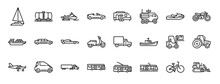 Set Of 24 Outline Web Vehicles Transportation Icons Such As Sail Boat, Oil Truck, Snowmobile, Cabriolet, House, , Vector Icons For Report, Presentation, Diagram, Web Design, Mobile