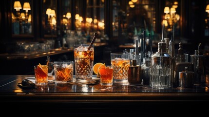 Bar cocktails Old fashioned negroni with orange on counter.Cocktail close up in a bar setting. Blurred people in the background. Selective focus on the icy drink and glass.