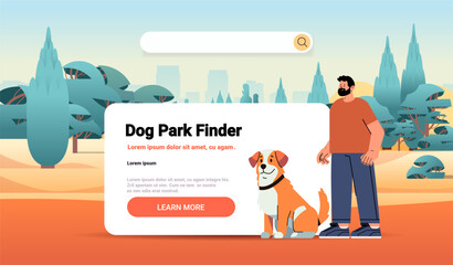 guy owner with cute dog using park finder app best friends domestic animal friendship concept landscape background