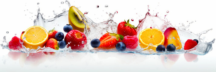 Canvas Print - Splash of water with various fruits and berries on the side of it.