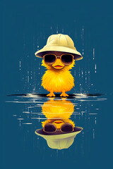 Poster - Yellow duck wearing sunglasses and hat sitting on top of puddle.