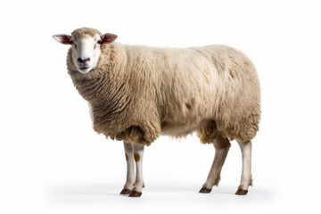 Poster - Sheep standing on white background with sad look on its face.