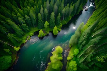 Aerial view of fast river in beautiful green spring forest in Finland