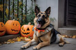 Happy and friendly German shepherd dog playing in halloween costume on the city, town street outside. Funny moments dog friendly. Lifestyle. Pumpkins around. Generated Ai