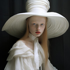 Wall Mural - Portrait of a red-haired girl in a big white hat