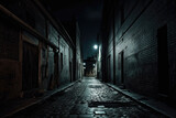 Fototapeta Fototapeta uliczki - Dark creepy alley with cobbled stone street and buildings.