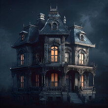 3D Rendering Of A Haunted House In The Night With Moonlight