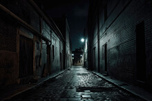 Dark creepy alley with cobbled stone street and buildings.