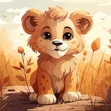 Cartoon Lion Cub Sitting On Log In Field Of Tall Grass.