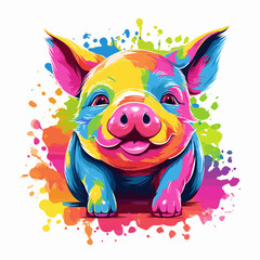 Sticker - Colorful pig with big smile on its face, sitting in front of white background.