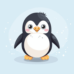 Wall Mural - Penguin with big eyes sitting on blue background with snow flakes.
