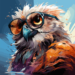 Wall Mural - Painting of bird with glasses on it's head and blue background.