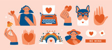 Creative Valentine's Day Cliparts. Romantic Modern Vector Illustrations With Women, Girl Holding Heart, Hand Holding Flower, French Bulldog Holding Love Mail, Vintage Typewriter With Page, Rainbow. 