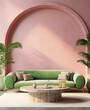 A vibrant interior design featuring a bold pink wall, cozy couch, colorful furniture, houseplants, and decorative vase and pillows creates a lively and inviting living room
