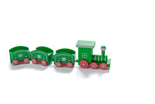 Green Christmas Train With Red Wheels On A White Background. Front View