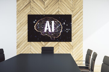Aufkleber - Creative artificial Intelligence concept with human brain sketch on tv display in a modern presentation room. 3D Rendering