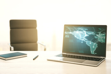 Poster - Abstract digital world map with connections on modern computer monitor, big data and blockchain concept. 3D Rendering