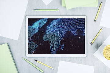 Poster - Abstract creative world map on modern digital tablet monitor, tourism and traveling concept. Top view. 3D Rendering