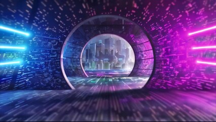 Wall Mural - VR concept. Flying through a circular digital tunnel inside a sphere. Glitch. Blue purple neon color. AI. Sticky threads